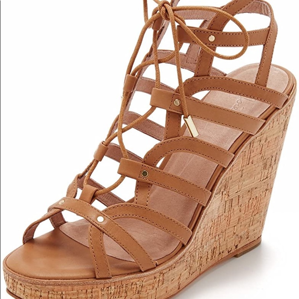New Joie Larissa Leather Lace Up Cork Wedge